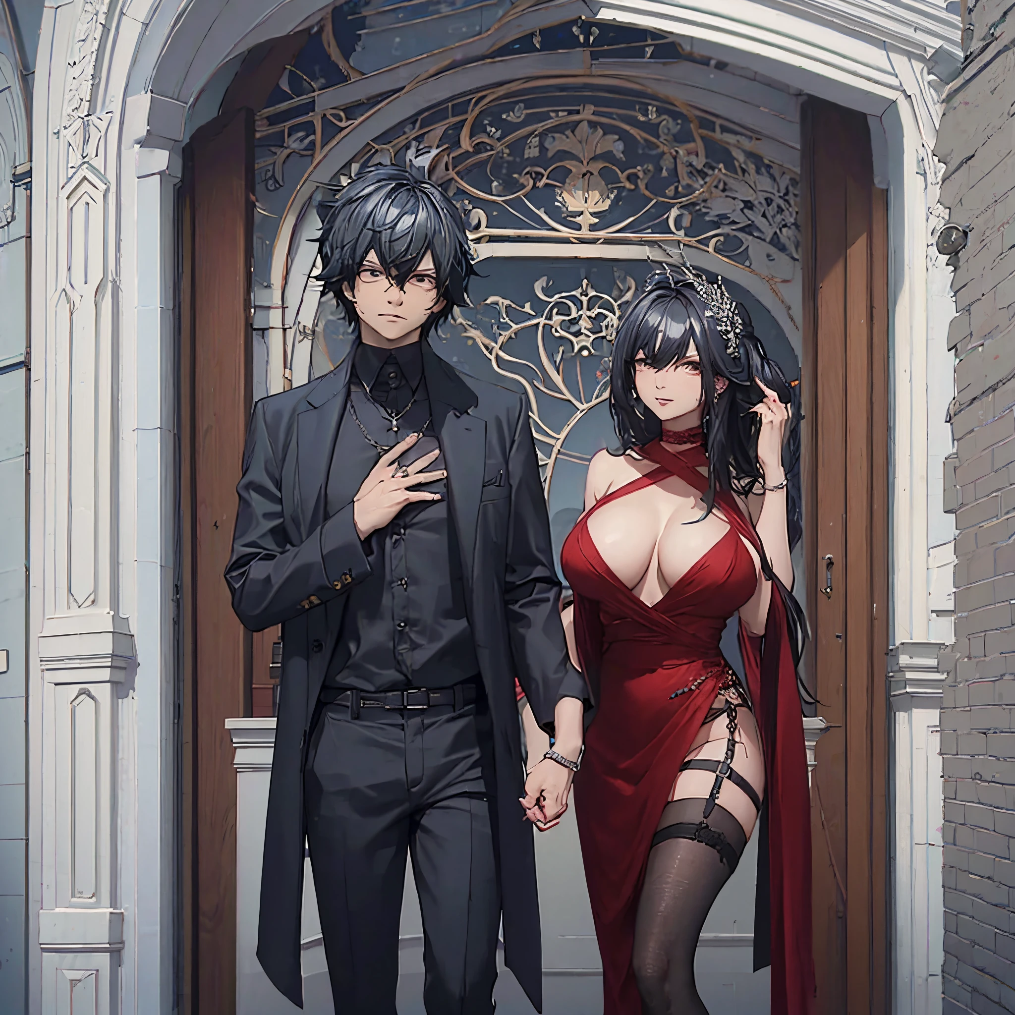 Um homem usando terno preto junto com uma mulher usando vertido vermelho, background hall.