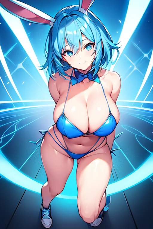 1girl, breasts, large breasts, wide hips, bunny ears, rabbit ears, very short hair, blue hair, light blue hair, blue eyes, futuristic, science-fiction, tech, neon trim, blue neon trim, black bikini, bikini, shoes, sneakers, full body, smile, light smile
