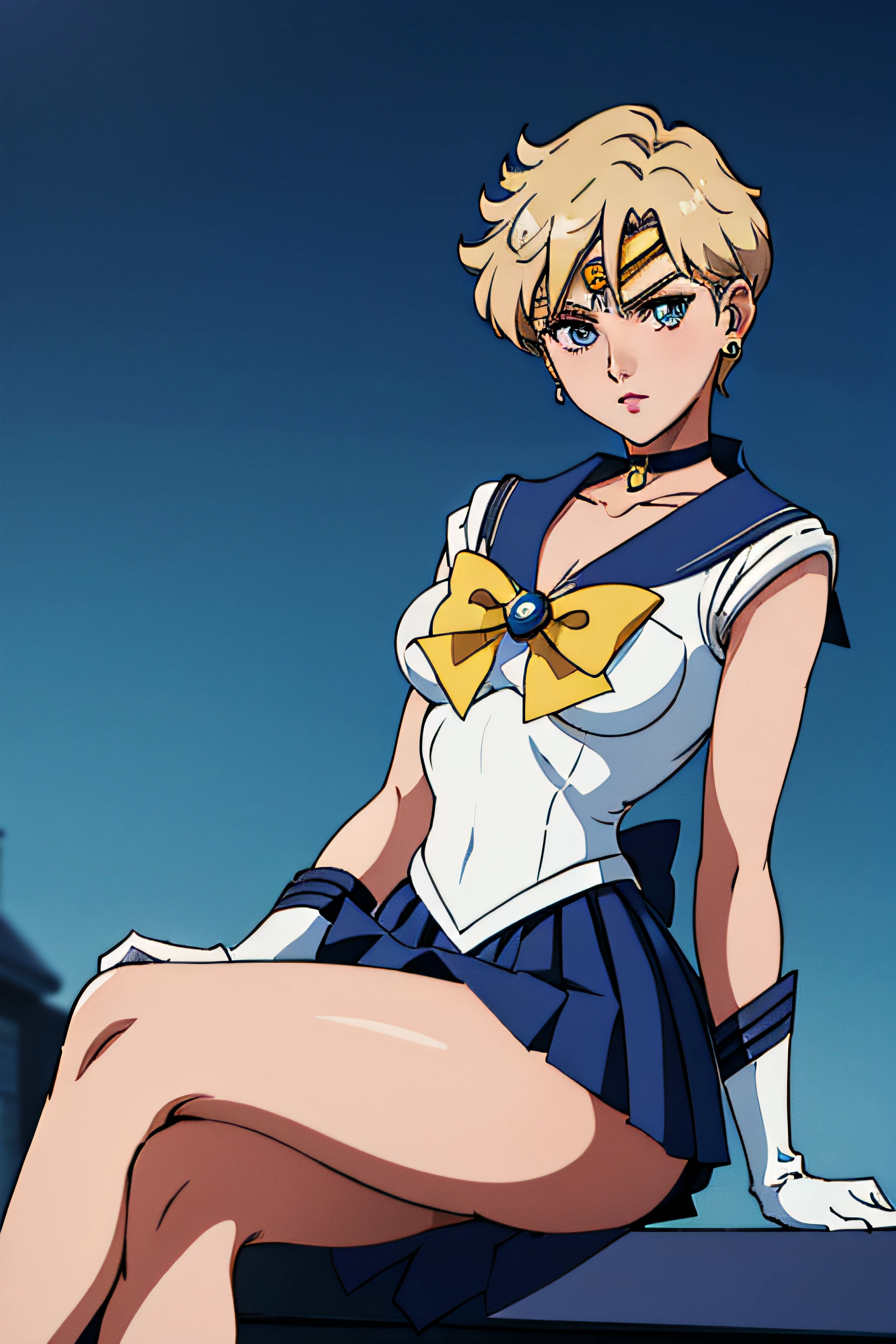 (La mejor calidad:1.1), (Obra maestra:1.4), (absurdos:1.0), retrato, primer plano,1girl, Marinero Urano, KizukiAi, Mujer madura, small breasts, aqua eyes, cabello rubio, Uniforme Sailor Senshi, Collar de marinero, arco de pecho, Arco trasero, Falda suplicante, Guantes blancos de codo, big booty, Ultra minifalda , jewely, Pendientes, falda plisada , Collar marinero azul, minifalda, gargantilla, gargantilla azul, Guantes blancos, pelo corto, jewely, Pendientes, sentada, Piernas cruzadas, muy sexy. PIERNAS ENROSCADAS, Show loot