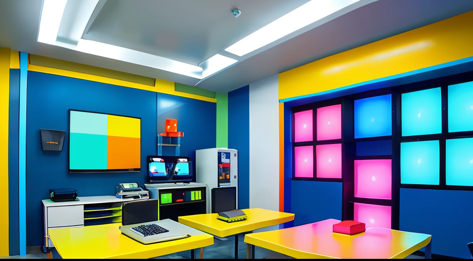 SF、lab room、a computer、Make it into a colorful pop art illustration