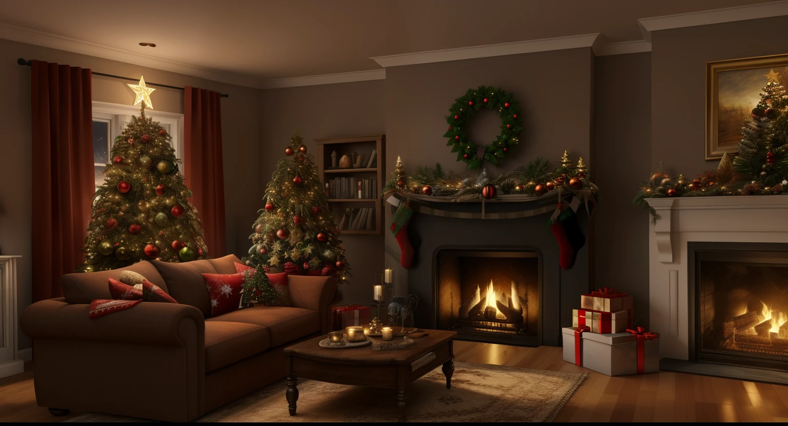 Living room with Christmas decorations and fireplace, Festive atmosphere, cozy environment, cozy environment, christmas night, Cozy living room interior, Fireplace lighting, cozy fireplace, Cozy enchanted scene, cozy living room, ornate, Winter environment, Dimly lit interior room, intrikate, Detailed, 8k, hight resolution, A hyper-realistic
