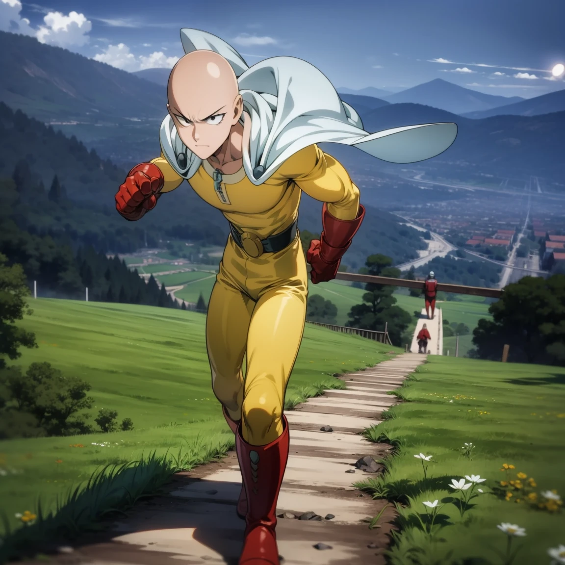 masterpiece, best quality, 1boy, (saitama), bald head, black eyes, red gloves and red boots, yellow clothes and white cape, standing on mountain, angry face, completely mad, fighting position, posting to giving punch, sunny day, beautiful mountain hills and forests, beautiful scenery, detailed face, evil smile, aura power, night, natural light, standing, male focus, strong muscles, movie composition, deth of field, bokeh, (futuristic), (full body),