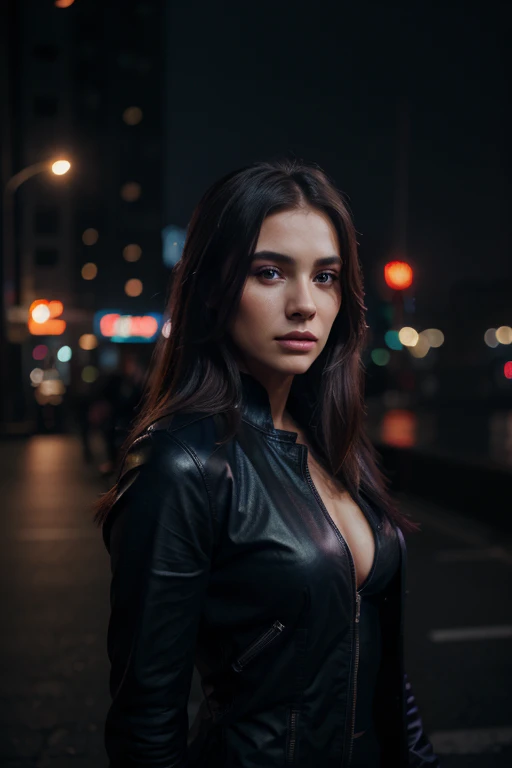 Picture of a woman, 25 years old, , thick body, long hair, sexy woman, confident appearance, black leather clothes, realistic skin texture, perfect face, beautiful face, beautiful makeup, looking serious, doing a evil pose, looking at camera. city night background, street, purple neon lights, fog. Realism, very detailed, masterpiece, cinematic ambient, cinematic lights, professional photography, impressive, photo-realistic, realistic, cinematic composition, volumetric lighting, high-resolution, vivid, detailed, stunning, professional, lifelike, blue, purple, violtet and red colorgrading, (good composition).