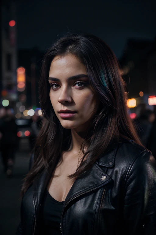 Picture of a woman, 25 years old, , thick body, long hair, sexy woman, confident appearance, black leather clothes, realistic skin texture, perfect face, beautiful face, beautiful makeup, looking serious, doing a evil pose, looking at camera. city night background, street, purple neon lights, fog. Realism, very detailed, masterpiece, cinematic ambient, cinematic lights, professional photography, impressive, photo-realistic, realistic, cinematic composition, volumetric lighting, high-resolution, vivid, detailed, stunning, professional, lifelike, blue, purple, violtet and red colorgrading, (good composition).