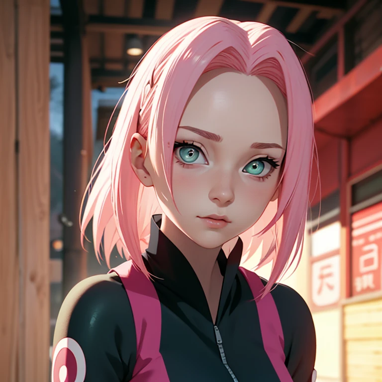 young woman, porcelain skin, short bubblegum pink hair, wide forehead, thin pink eyebrows, big emerald green eyes, buttoned nose, big peach lips, heart-shaped face, long thin neck, red clothes, bare shoulders, Sakura Haruno black, realism, 3d, sunset