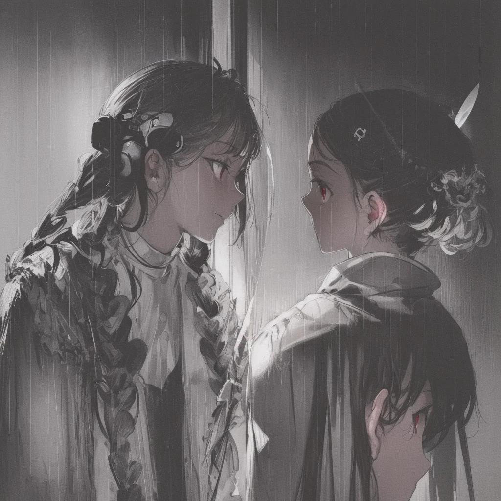 Black and white,Black and white painting,white backgrounid,color difference, depth of fields, gentlesoftlighting, tmasterpiece, Best quality at best, iintricate, Tone-mapping, The very detailed, art stations, concept-art, smooth private parts, Focus sharp, dramatic lights, Very detailed artwork, Cinematic, hyperrealistic painting, Popular topics on art sites, 8K, Incredible shadows, actual, (very highly detailed background:1.0), Highly detailed portrait of solo 1girl standing on street corner, When lightning strikes, rainstorms and cloudy skies, Neon and cyberpunk background, She wears a punk outfit with silver chains and silver nails, Her wild hair has a butterfly wing barrette, She wears headphones,Wear a tie, small, Detailed red eyes and clear pupils, ominous halo halo, ssmile, punk, cyber punk perssonage, The light from the back window backlighted