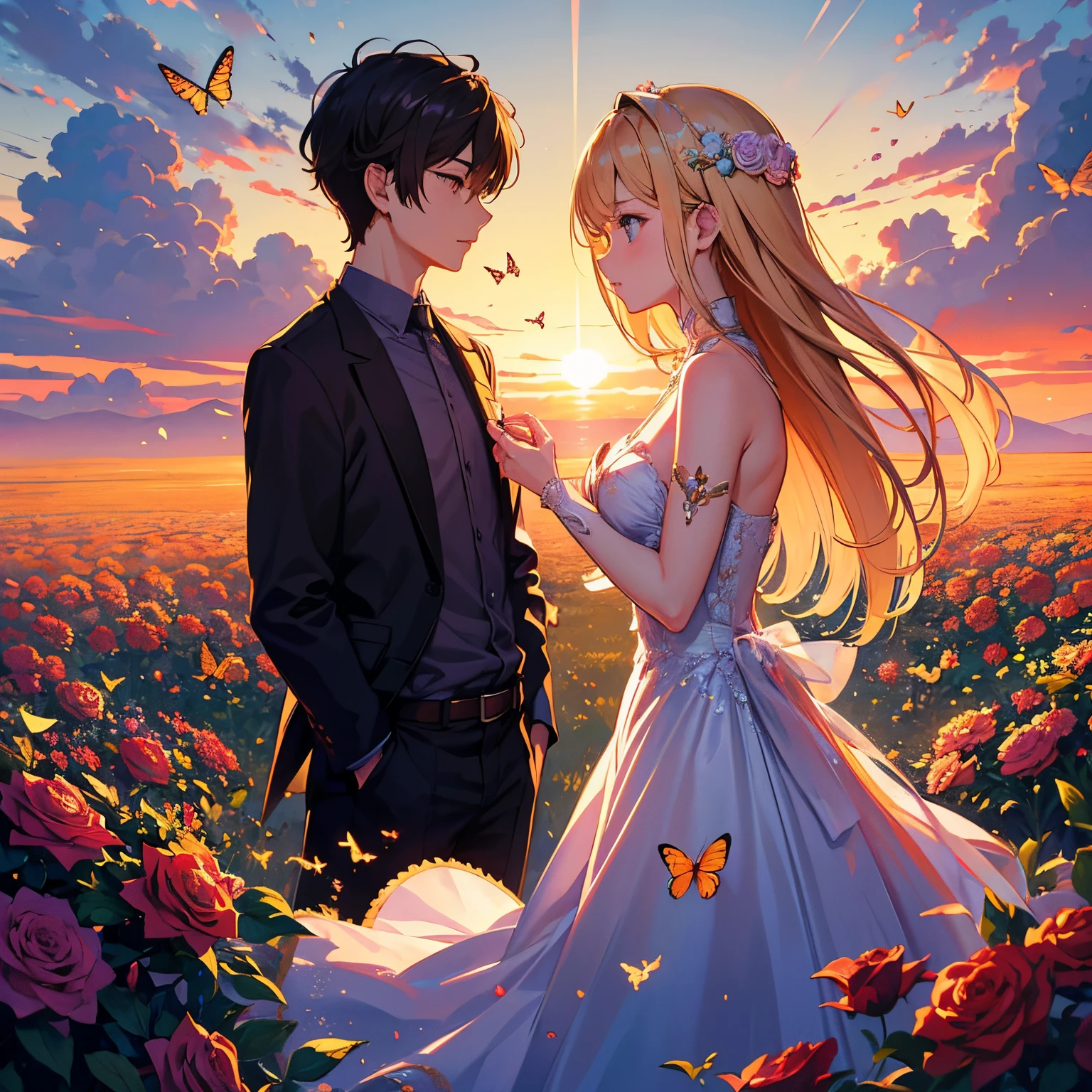 (masterpiece), best quality, 8k resolution, sharp focus, intricate detail, Aesthetic girl and boy next to each other, anime. Whimsical and ethereal aesthetic. There's butterflies and roses in the background. Beautiful golden hour sunrise in the background.