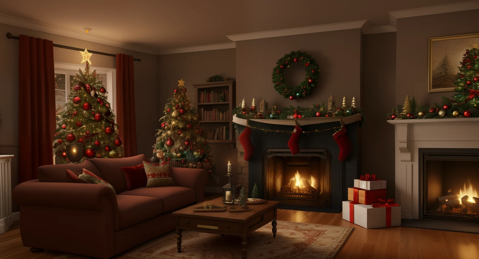 Living room with Christmas decorations and fireplace, Festive atmosphere, cozy environment, cozy environment, christmas night, Cozy living room interior, Fireplace lighting, cozy fireplace, Cozy enchanted scene, cozy living room, ornate, Winter Wednesday, Dimly lit interior room, intrikate, Detailed, 8K, hight resolution, animated film.