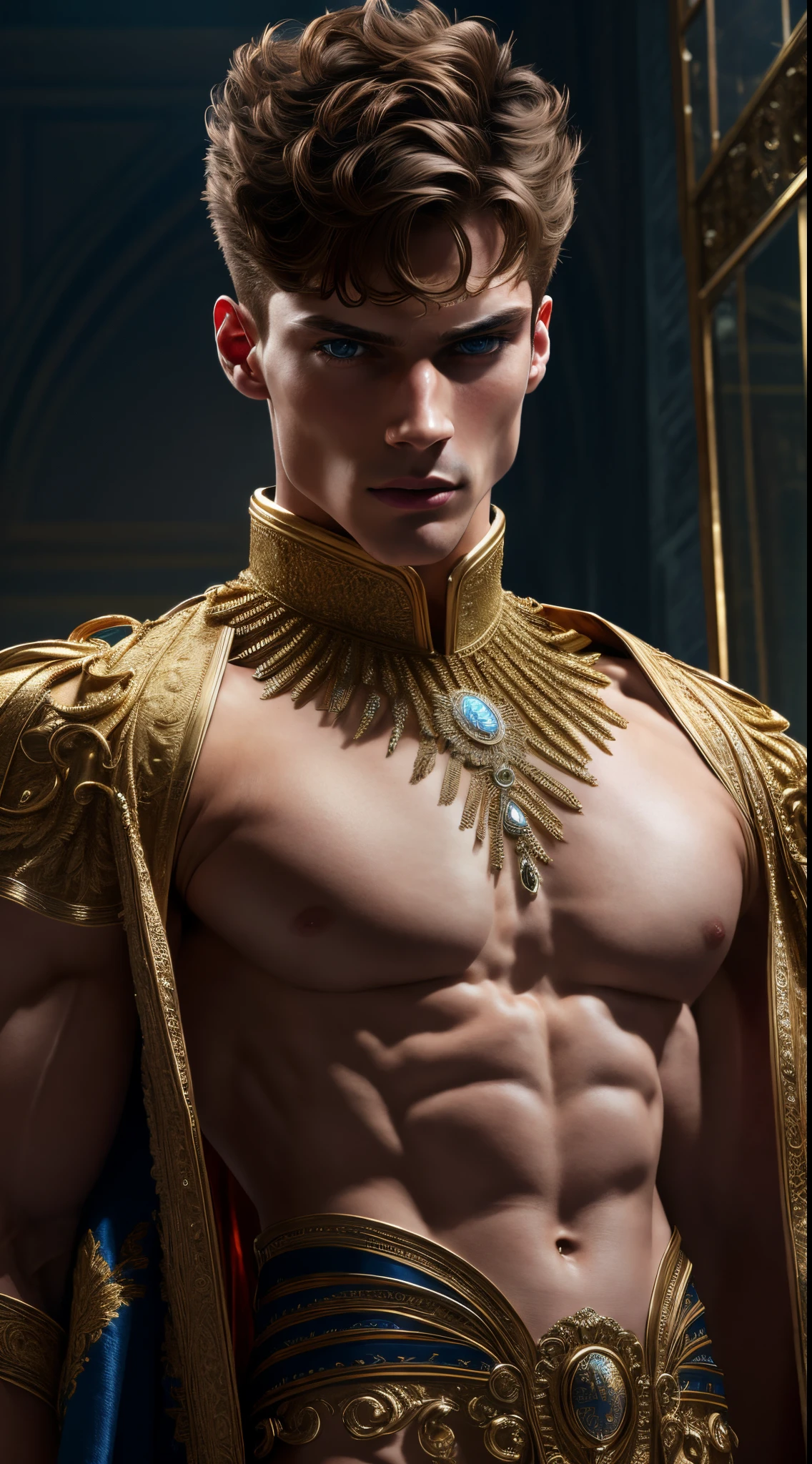 (extremely detailed 8k wallpaper), a medium shot shot of a young male model, blue eyes, brown hair, strong jawline, fearful, intricate, high detail, dramatic, fit body, which tall, full body, prince aesthetic