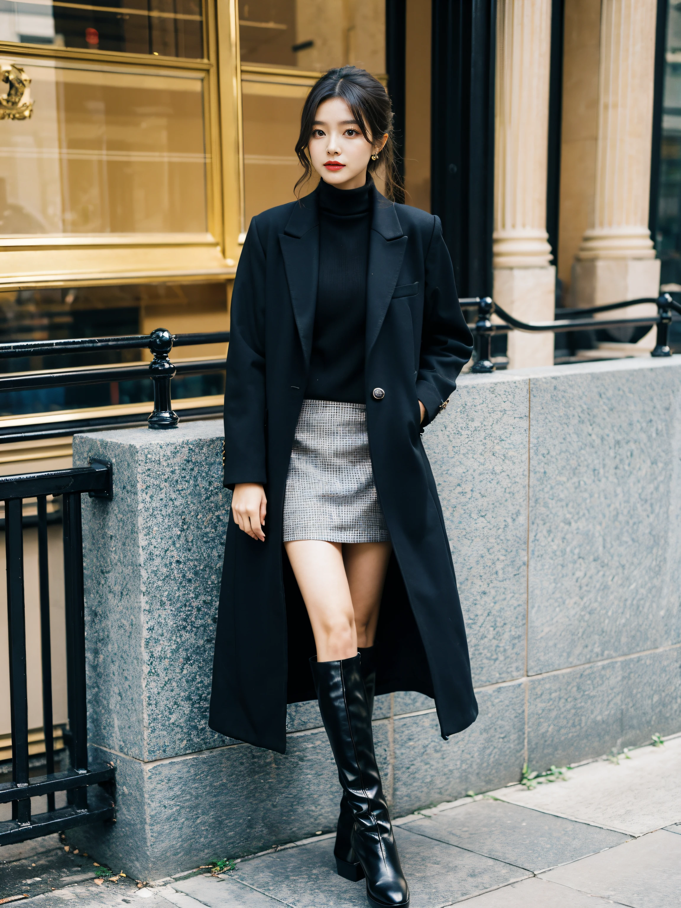 Best quality at best,tmasterpiece,超高分辨率,(actual:1.4),RAW photogr,hyper HD,8K,There one girl,Stylish clothes,Chanel style,Stylish skinny suit, wearing jacket and skirt,high-class fashion,ellegance, short skirt and a long jacket, tigh-high boots,Over-the-knee boots,Casual pose