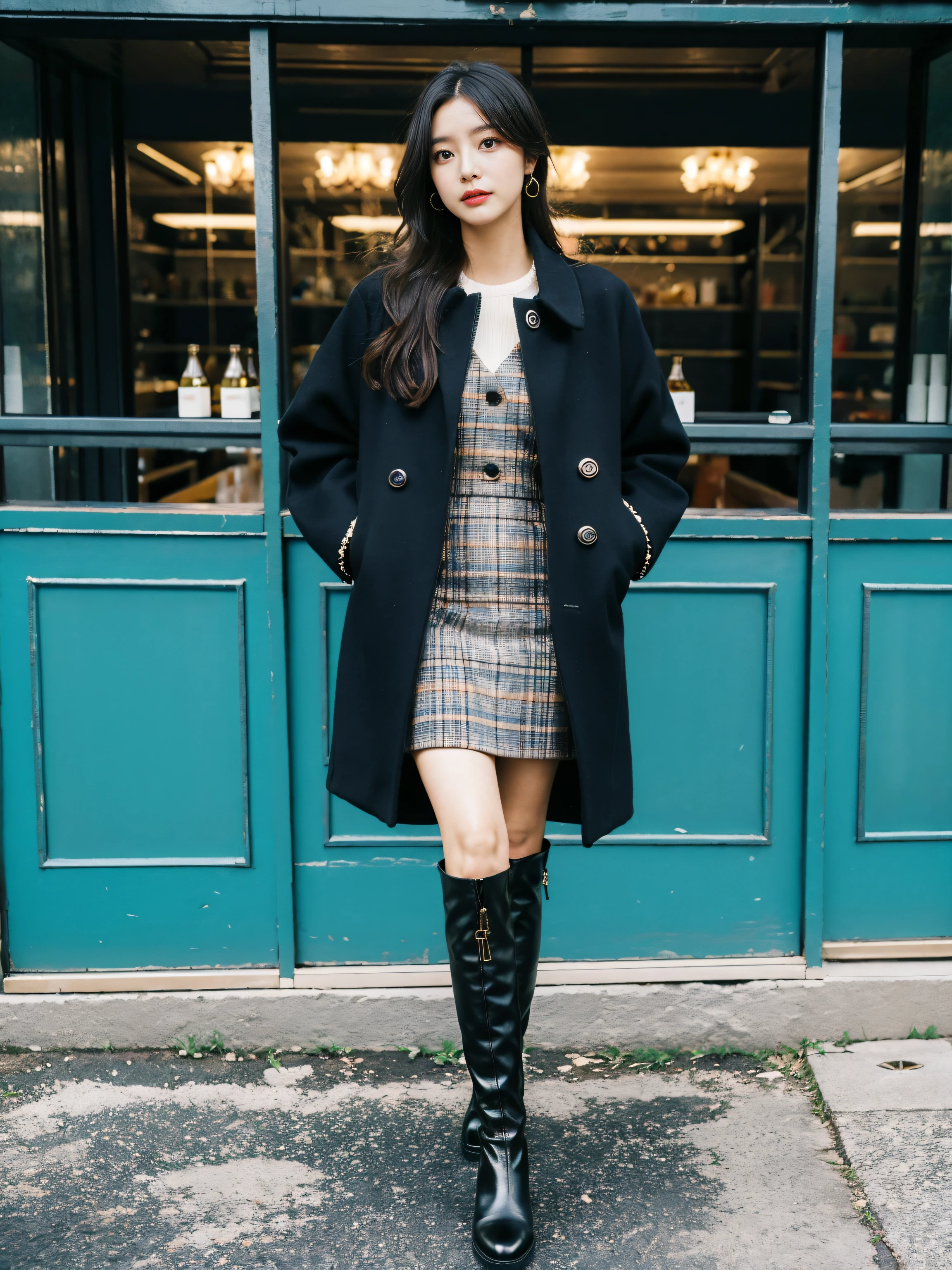 Best quality at best,tmasterpiece,超高分辨率,(actual:1.4),RAW photogr,hyper HD，8K，There  one girl，Stylish clothes,Chanel style，Stylish skinny suit, wearing jacket and skirt,high-class fashion，ellegance, short skirt and a long jacket, tigh-high boots，Over-the-knee boots，Casual pose