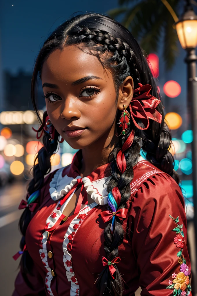 mrs clause black girl, long braided hair, frills, ribbons, floral embroidery, neon rainbow