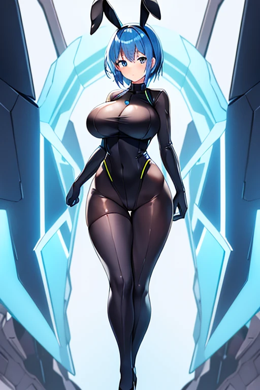 1girl, blue hair, large breasts, bunny ears, rabbit ears, wide hips, bodysuit, black bodysuit, short hair, very short hair, science-fiction, tech, futuristic, machinery, full body, ((full body)),