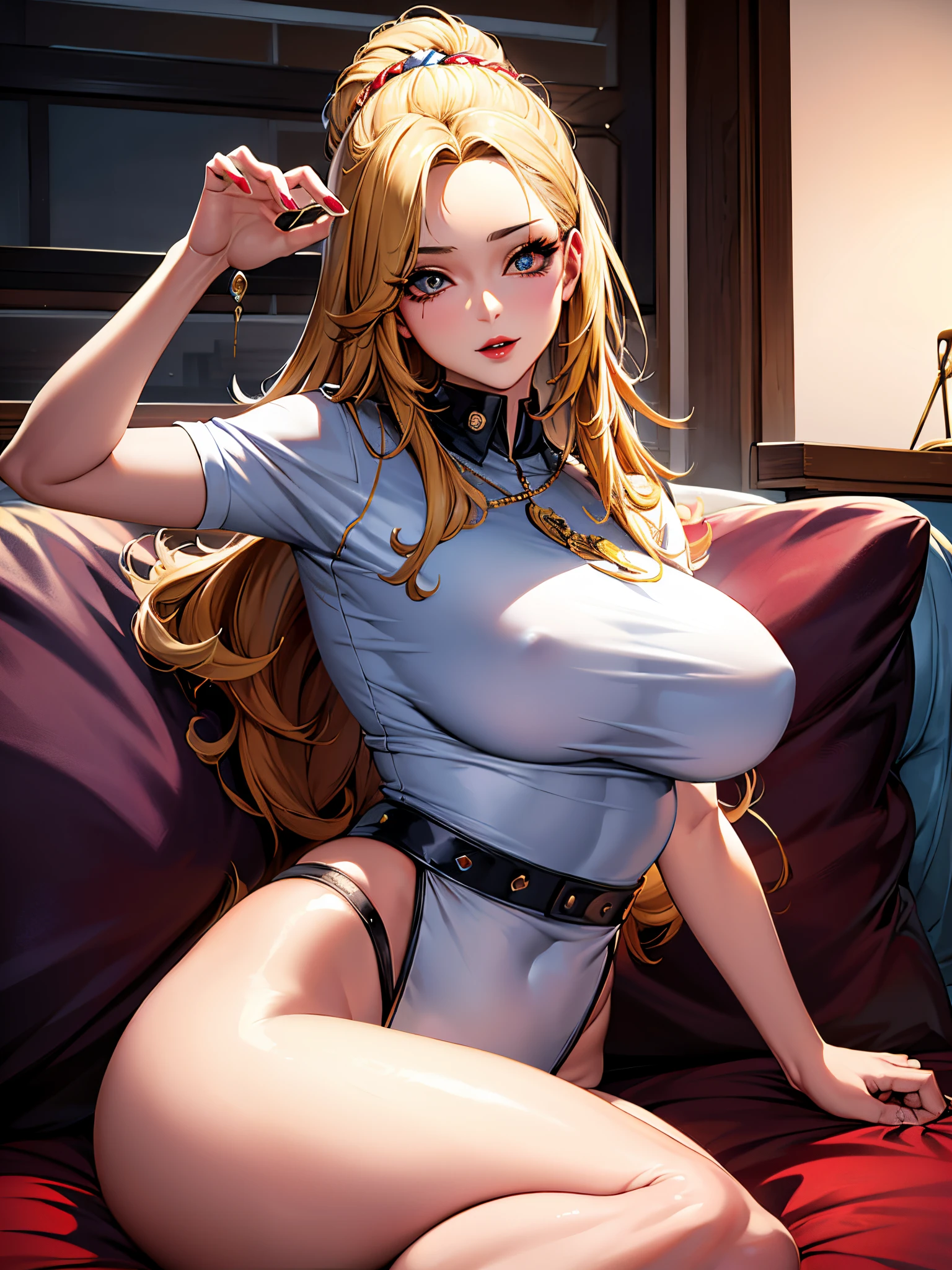 incomparable masterpiece, ultrarrealista 8k CG, Perfect artwork, ((imagem feminina perfeita)), mulher madura, cintura fina, sedutor, limpo, beautiful face, { extremamente delicada e bonita} , Papel de parede 8K, {{{master part}} }, 1girl, blonde hair, olhos azuis, rabo-de-cavalo, police uniform, jewelries, lips, batom, cabelos longos, olhar espectador, maquiagem, lips, red lips, pernas grossas, big booty, fundo simples, sozinho, parte superior do corpo, (pele brilhante),