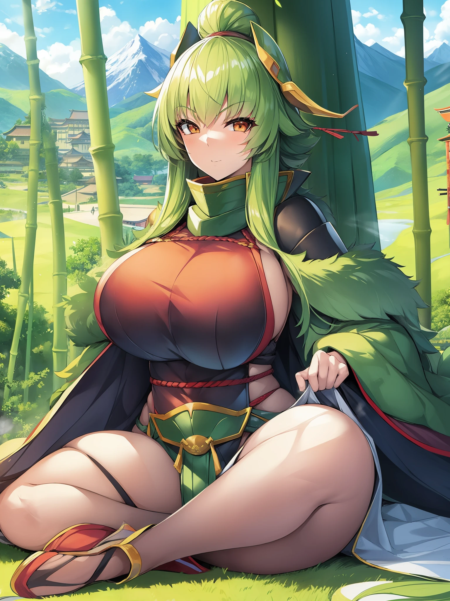 1girl, fullbody, sitting, slim, (bamboo trees), kabuto, red samurai armor, misty air, strong sunlight, mossy path, mountain village, huge weapon, mountain top scenery,