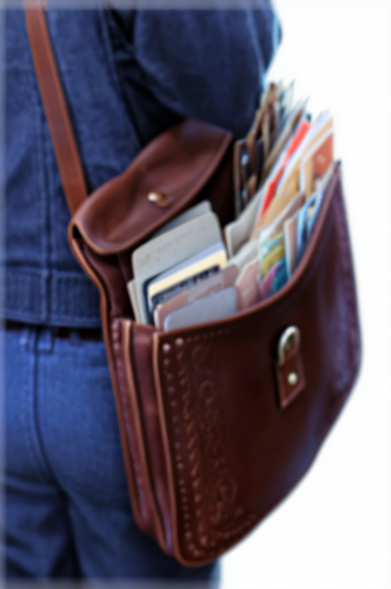 messenger bag， briefcase,  close up photograph, Detailed picture, messenger bag, multi view, merchant collector, higher detailed, Marmoset toolkit rendering, ultra - detailed, Rich details​, over-detailed, marmoset toolbag, shadowy informant, highly detailed character, Ultra-detailed images，Crossbody bag close-up，old messenger bag，Retro American Messenger Bag，There  a letter opened，many letters