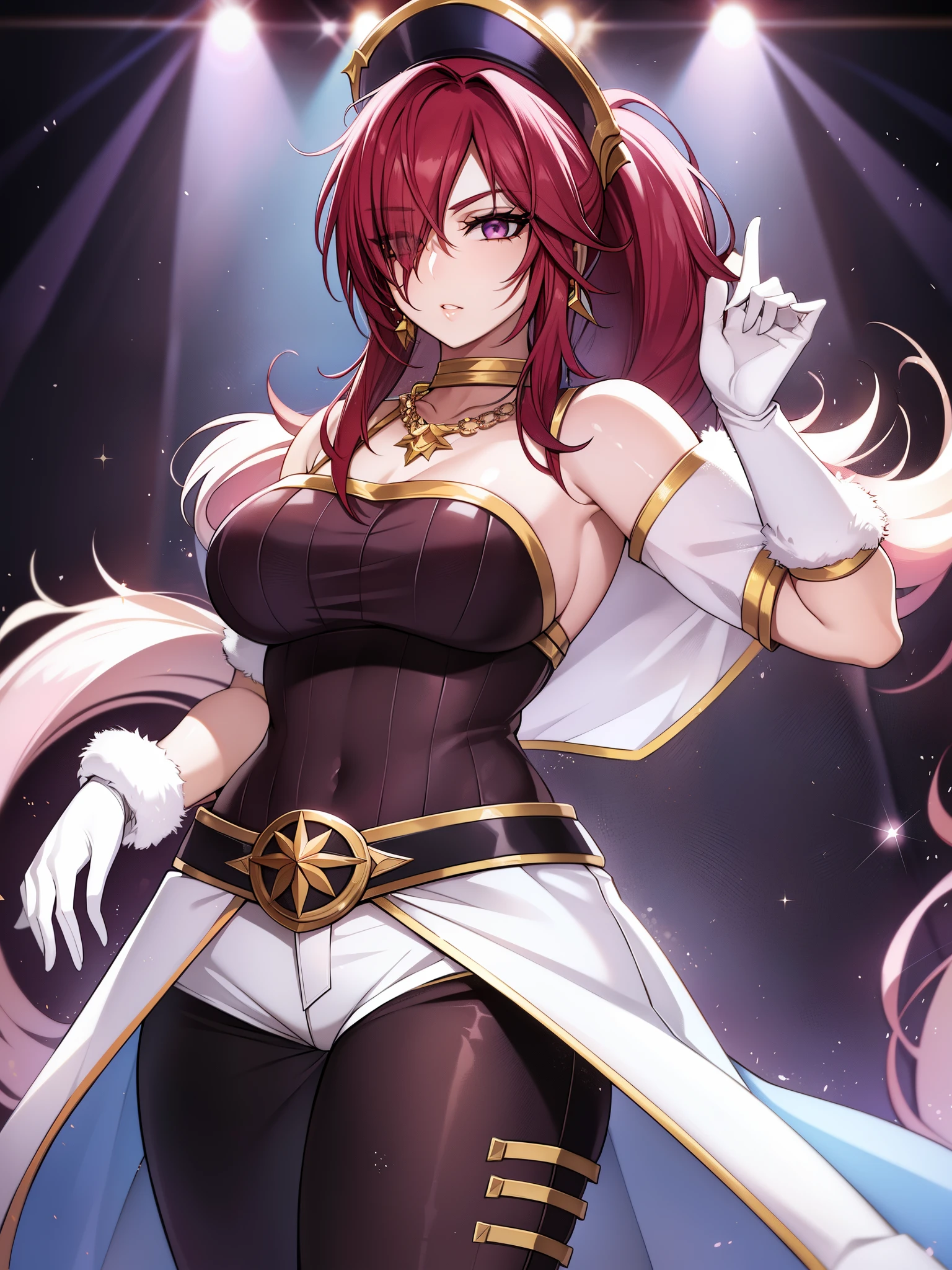 Akari K de Prestige, 1girl in, Solo, Long hair, breasts, Looking at Viewer, Jewelry, medium breasts, Red hair, Necklace, Hair over one eye, Lips, makeup, White cap, Upper body, Epic Light, croptop, Fur trim, Jacket, concert hall, Standing, White Gloves, White pants, Tight pants, K/Da (League of Legends), off shoulders,  Parted lips, Ponytail,