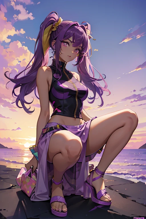 Phaedra is a dark skinned age girl with a medium build. Her eyes are brown to pink in color, while her makeup consists of dark eyeshadow with purple liner and plum purple lipstick. She has very straight and long multi colored hair styled into pigtails with baby hairs and resembles a sunset, having bold streaks of purple, orange, yellow and pink. She wears a multicolored high neck zip front swimsuit having a snakeskin pattern with little purple bits. She wears a yellow, pink and purple gradient short sarong with white graphic patterns and is tied into the left side of her hips. For her footwear she wears high heeled purple sandals with "Rainbow" graphic on the straps. For accessories she wears a purple visor and two gold scrunchies, and she also comes with clear purple sunglasses and a sunset colored plastic tote bag.
