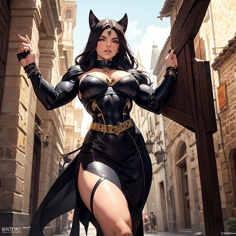 Medieval cat woman with big muscles, sin escote, actitud agresiva.