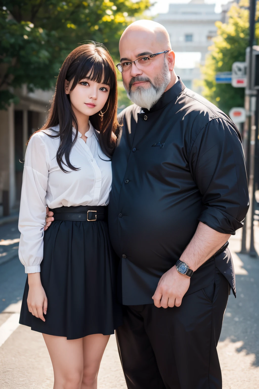 male and female (((couple))), natural soft light, masterpiece, top-quality, hdr, uhd, Professional, Unripe, Highly detailed 32K 8K、A detailed face, Detailed waist
BREAK,
pretty girl 18 years old, Bright eye, bangs, (acolyte clothes)
BREAK,
middle-aged (((unbelievably very fat))) man with glasses and thin bald hair on the road is grinning., bearded ugly face, ((white beard)), ((Indian magician clothes))
