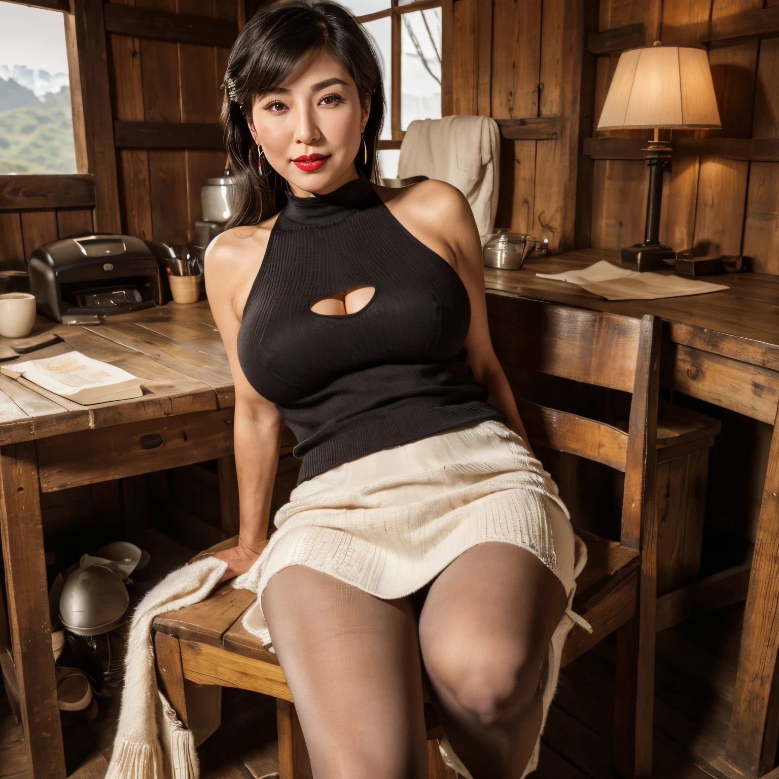 (masterpiece:1.1, Best Quality:1.1, 16K HDR, High resolution), (1girl in, Solo), (sexy and beautiful Korean women), ((older Korean female, mature Korean, Korean milf)), (Black hair, Long hair, white knit hat, earrings), turtle neck sweater, sleeveless sweater, mini skirt, pantyhose, sexy detailed panty under pantyhose, long boots, cleavage, Colossal tits, large boob, Large breasts, (sitting on chair, open legs, in an abandoned wooden hut), Top of the mountains, (Perfect slim body), hyper detailed face, Detailed eyes, Realistic skin texture, (show me her shaved armpits:1.2, up skirt:1.1),