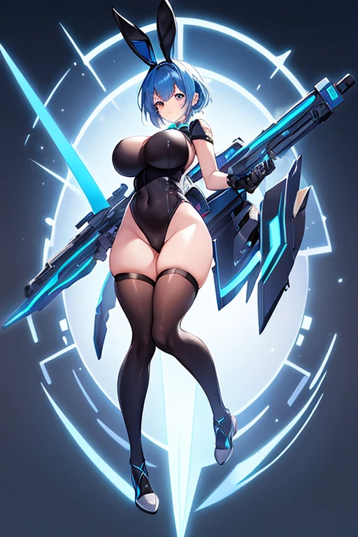 1girl, blue hair, large breasts, bunny ears, rabbit ears, wide hips, bodysuit, black bodysuit, short hair, very short hair, science-fiction, tech, futuristic, machinery, full body, ((full body)),