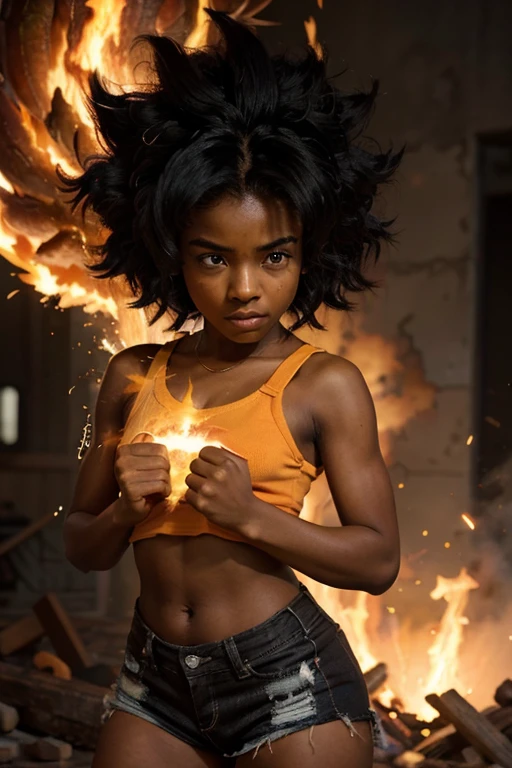 girl, darkskin girl, brown kid, hair till shoulder, hair like goku, dragon ball, goku, vegeta, anime, cartoon, black kid, young, big hair, Super Saiyan hair, hair like Super Saiyan 2, loading power, fighting stand, angry, fire in hands, building background