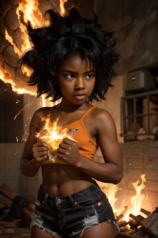 white background, girl, darkskin girl, brown kid, hair till shoulder, hair like goku, dragon ball, goku, vegeta, anime, cartoon, black kid, young, big hair, Super Saiyan hair, hair like Super Saiyan 2, loading power, fighting stand, angry, fire in hands, looking at the screen