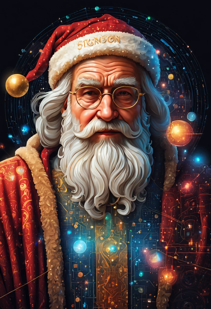 Saint Claus Hologram Schematics, linocute, mix media,collage, vector for t-shirt, mosaic effect, 3D, high resolution, 4k