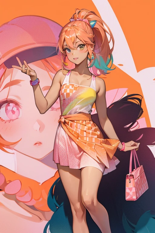 Simone is a tan skinned age girl with a thin build, with her eyes being purple to pink in color. Her makeup consists of glittery coral to orange toned eyeshadow and warm pink lipstick. She has long and shiny hair tied into a high ponytail, being mainly salmon but also having streaks of orange, yellow, coral, and pink. She wears a orange to pink gradient swimsuit having a white graphic pattern, On top of that she wears a orange to pink gradient colored skirt rushed to her waist. For her footwear, she wears peach sandals with orange checkered patterns and white straps. For her accessories, she wears a pink visor with coral checkered patterns. She also comes with a pink to orange gradient hand bag with white graphic patterns that match her swimsuit.