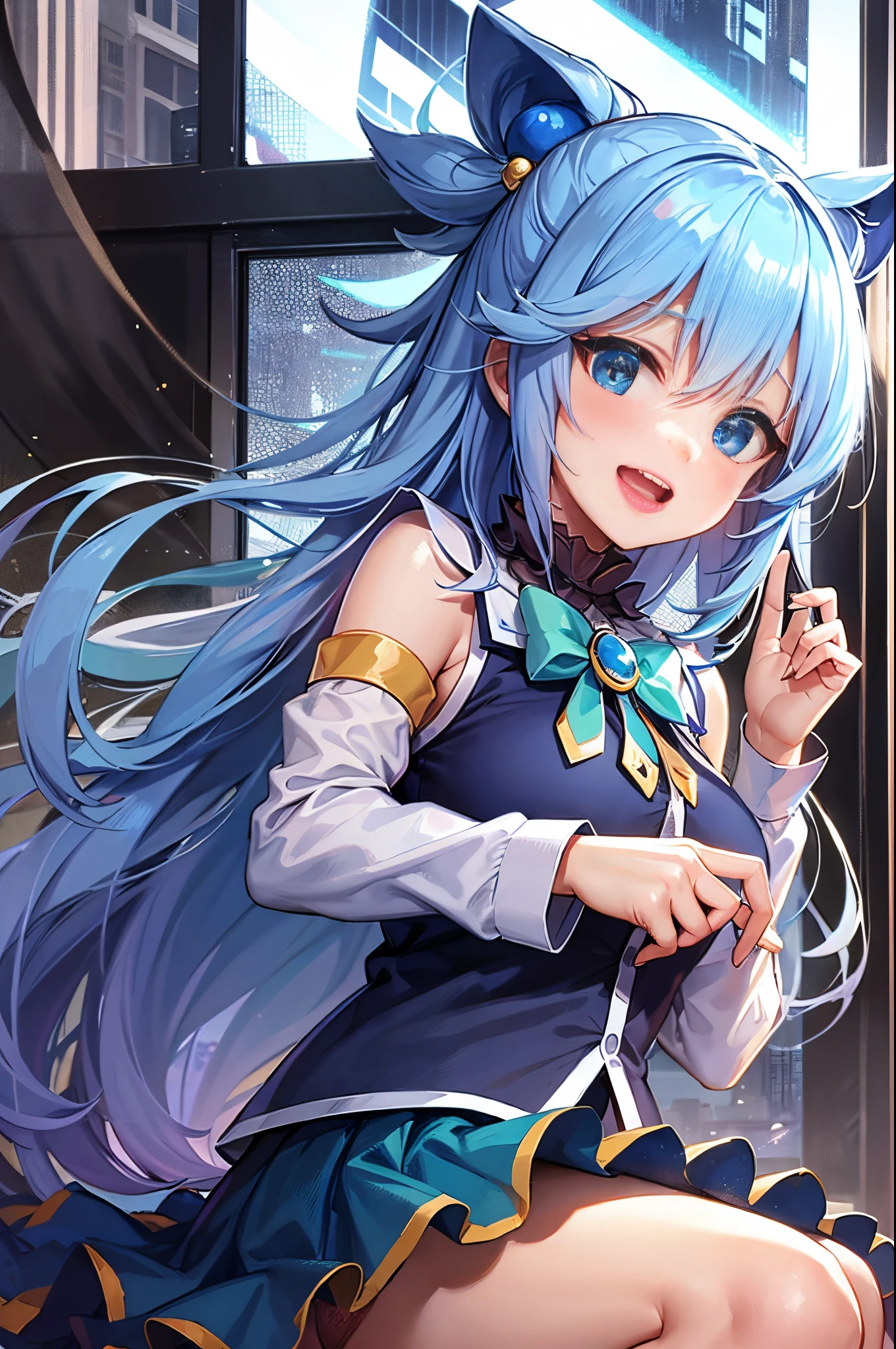 、anime screen cap、Anime coloring、1girl in, length hair, 独奏, blue hairs, blue eyess, open open mouth, Sleeve launched, plein air, skirt by the, thighs thighs thighs thighs,,Naughty big、Big breasts emphasis 、hair rings, Skysky,  tag, hair adornments, ​​clouds, the bow, blue open sky, a blue skirt, green bow, bare shoulders​、A smile、(skirt rift:1.3),(white  panties:1.3)