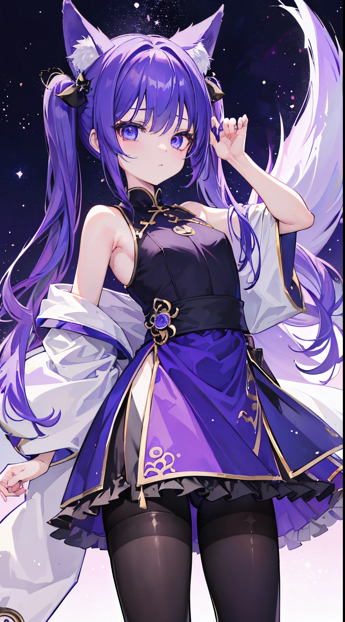 Keqing's purple hair is tied into waist-length twin-tails, topped by small odango-style buns resembling cat ears. They are tied with blue-indigo ribbons that turn black at the ends. These buns sit and point a little lower than the ones she wears in her default outfit, Piercing Thunderbolt.
Keqing wears a strapless dress with a glittering black top and layered skirt in shades of blue and indigo. She also wears a loose shawl in an indigo gradient, which has straps crossed at the upper back and met in front along with a black bow, appearing as if it was a separate collar. Her Vision is worn on the intersection of the straps at her nape.
The appearance is completed with crystal earrings, ombre nails, sheer tights, closed-toe sandals, patterned straps around her wrists. Golden accents with Swallow motifs are embellished throughout. SPARKLE; GLITTER