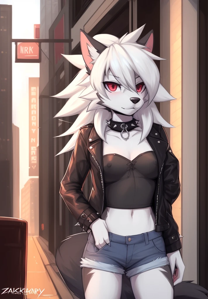 zackary911, by zackary911, anthro, lycanroc, hellhound, ((dark grey fur)), female, solo, 1woman, small breasts, denim shorts, tube top, leather jacket, wolf tail, ((shaggy hair)), ((white hair)), on e621, choker spiked collar, detailed body, finely detailed eyes, finely detailed paws, punk style, female focus, ((nipple bump)), ((dark grey belly)), city street scene,