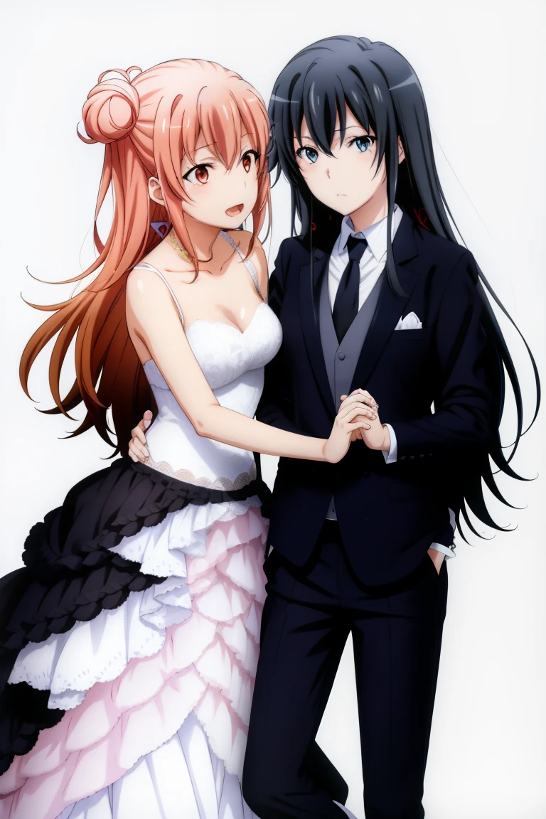 Best Quality,A highly detailed,portrait,anime,soft colors,yukinoshita yukino in a tuxedo marriage her wife yuigahama yui in wedding Dress, yuri, 2girls, yukinoshita kissing Yuigahama's breast, bridal carry