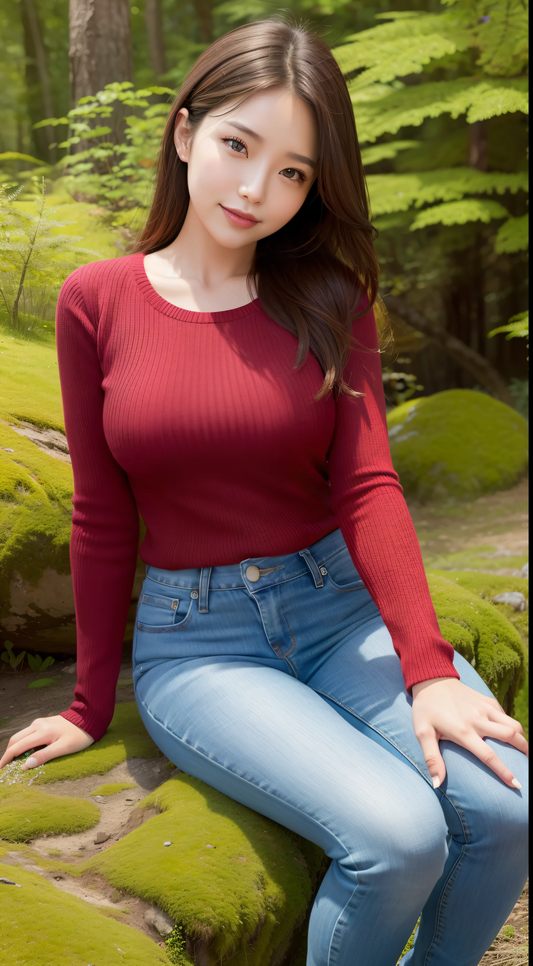 High-quality images,a pregirl，ssmile, looking at viewert，Red Tight Sweater，Skin Tight Jeans，Photore, realisticlying, best qualtiy， 详细的脸，Detailed eyes，More about super beauties,Sitting on a big mossy rock in the forest， depth of fields　Opens your field of vision