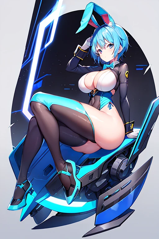 1girl, blue hair, large breasts, bunny ears, rabbit ears, wide hips, bodysuit, black bodysuit, short hair, very short hair, science-fiction, tech, futuristic, machinery, full body, ((full body)),