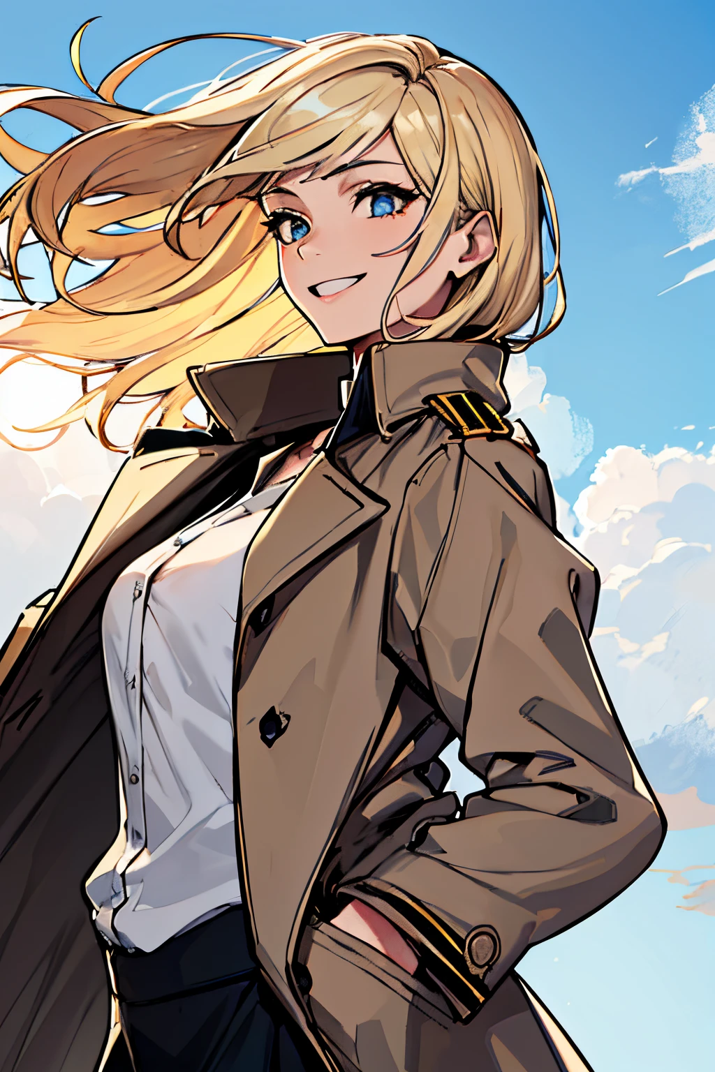 (absurdres, 8k, 4k, masterpiece, hyper extreme detailed:1.2), solo, 1girl, side view, perfect face, 1girl, portrait, expressive eyes, solo, standing, Female, toned body, mature female, large breasts, pale, platinum blonde hair, long hair, dark blue eyes, swept bangs, athletic body, stoic, windy hair, moving hair, moving clothes, Dark Brown Skirt. White Shirt, Tan Trench Coat, German, Medals, Military, battle worn, scars, medals, messy hair, smile, happy, heroic, perfect anatomy, friendly, heroism, light blonde hair, blue sky, sun, clouds, muscular, half body, hands in pockets