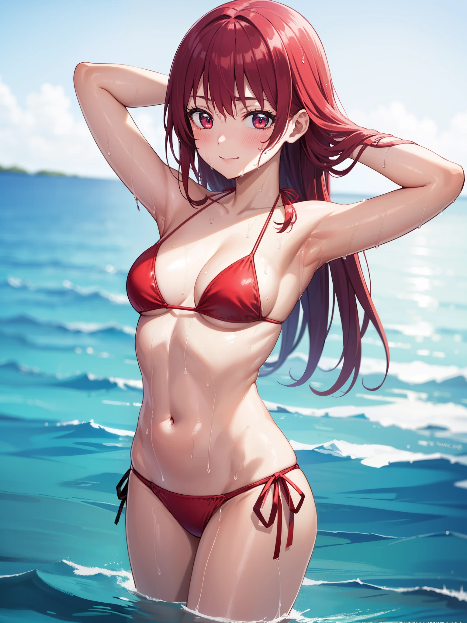 1girl, saki saki, long hair, bangs, (red eyes:1.3), red hair, (blush:1.2), seductive smile,
BREAK (string bikini:1.5), (red bikini:1.3), patternless bikini, small breasts, Naked, Exposed skin, (Wet skin:1.5), (arms behind head, armpits), standing,
BREAK  (Sea:1.5), Beach, (Solar:1.3),
BREAK looking at viewer, (from front:1.2),
BREAK (masterpiece:1.2), best quality, high resolution, unity 8k wallpaper, (illustration:0.8), (beautiful detailed eyes:1.6), extremely detailed face, perfect lighting, extremely detailed CG, (perfect hands, perfect anatomy),