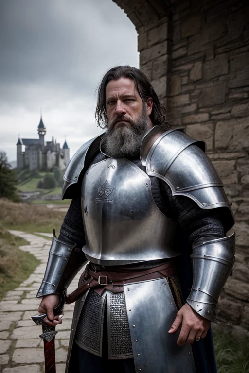 photorealistic, top quality, masterpiece, cinematic composition, slow motion, (medium shot of a medieval knight, sombre and weathered face, beard, grey hair:1.2), chain mail and plate armour, (realistic and detailed|intricate armour:1.1), (visible face:1.hotorealistic physiognomy|eyes|iris|skin|musculature, detailed skin, skin texture, natural skin), (holding a sword in his hand:1. 2), frontal perspective, imposing and determined pose, looking forward with determination, skin imperfections, natural skin wrinkles, natural skin spots, highly detailed clothes, abundant details, intricate details, realistic wrinkles in clothing, medieval fantasy landscape, cloudy sky, castle in the background in the distance, radiant lighting, deep shadows, dramatic scene, dark and cool colour palette, blue and grey tones, No other characters in the scene, abundant detail|intricate, detailed landscape, volumetric lighting, (detailed lighting), (detailed light reflections on armour:1. 1), 8k, highly detailed, UHD, HDR, photorealistic facial expression|hairstyle