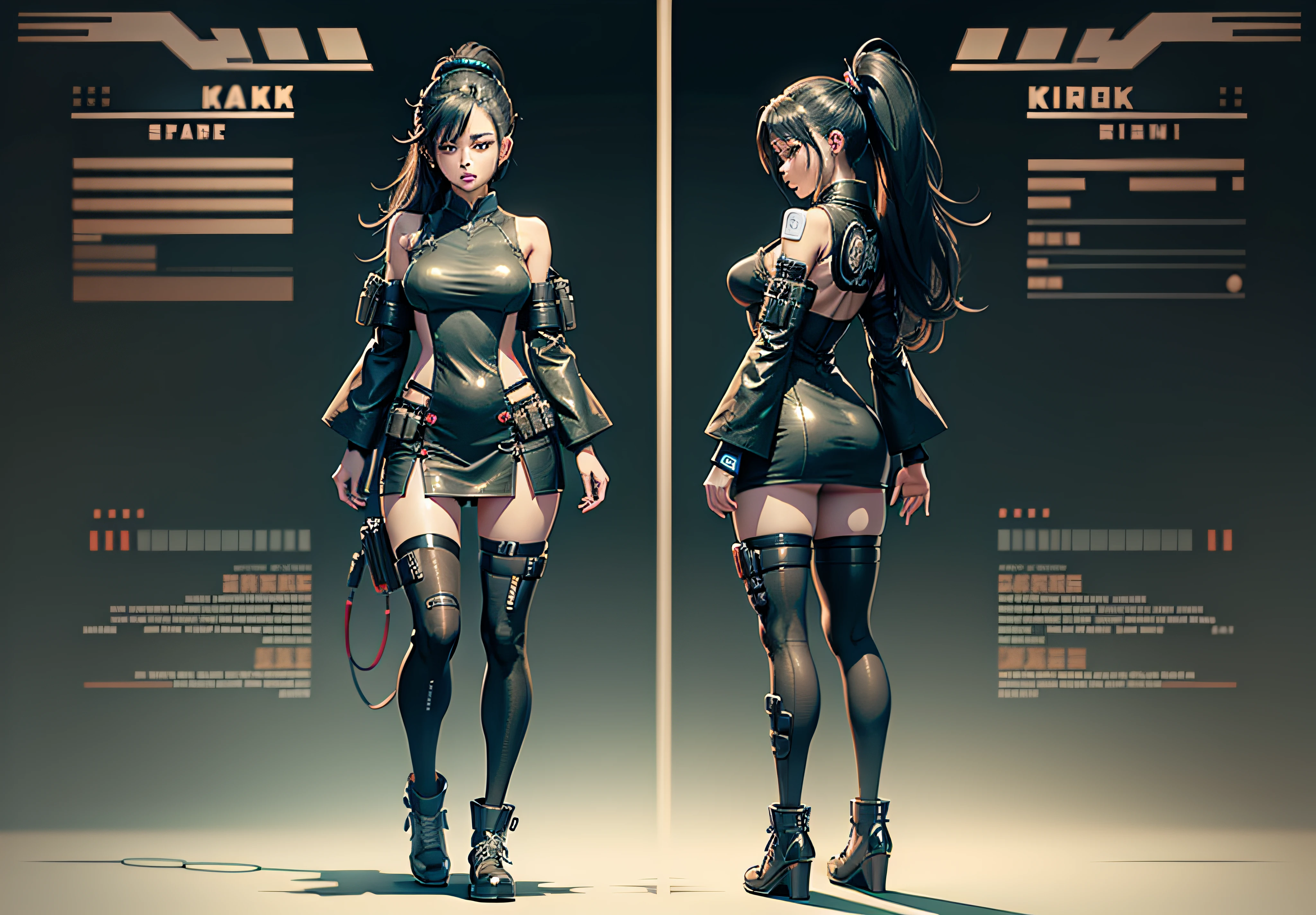 Japanese manga style character sheet of cyberpunk girl, front side and back, full body, white and black background, detailed, intricate