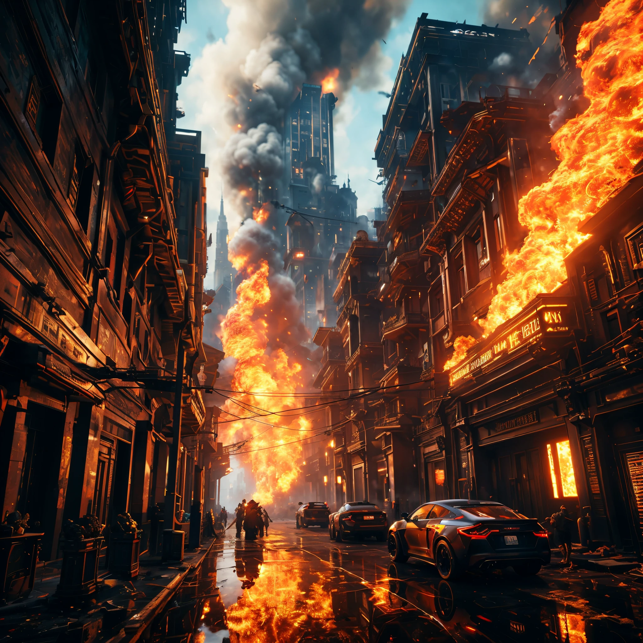 flames are seen in the streets of a city during a fire, destroyed city on fire, riot in a cyberpunk city, post - apocalyptic city streets, the buildings are on fire, cyberpunk apocalyptic city, city on fire, the city on fire, burning city in background, city street cinematic lighting, cyberpunk art ultrarealistic 8k, burning city background