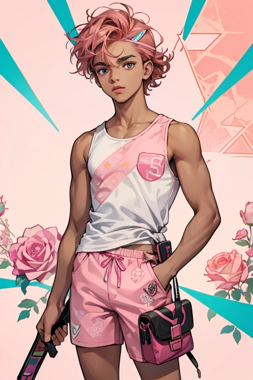 Finn is a teenage boy with tan skin and a strong build, His eyes are brown and has thick brown eyebrows. He has short curly pinkish coral hair and shaved sides. For his main outfit, Finn wears a white-pink tank top with rose-gold, pink and white graphic prints. He wears pinkish coral shorts with rose-gold patterns saying "RAINBOW” in different styles. For his footwear, he wears mostly black sandals with pink and white straps. He accessorizes with a pink fabric visor with black patterns and a pink fanny pack with rose-gold accents and a darker pink monogram pattern.