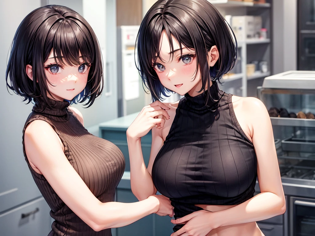 Sleeveless knitwear,32-year-old woman,A dark-haired,Shorthair,Emphasis on the chest,1人の女性