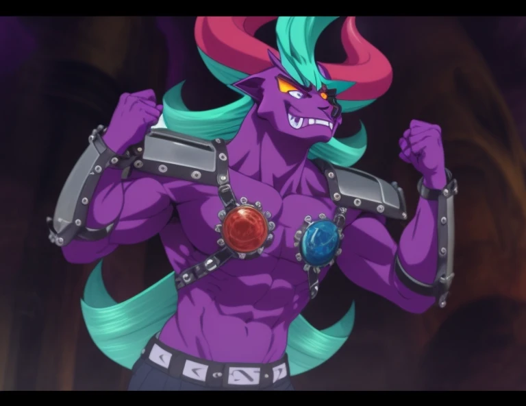 Close-up of a cartoon character holding a sword, colorful muscular eldritch, transforming into his final form, male djinn man demon hybrid, an epic anime of a energy man, djinn man male demon, Muscular Eldritch clockwork, this character has cryokinesis, joe biden as a jojo character, human and dragon fusion, Official art, Early Quiler,shiny muscles