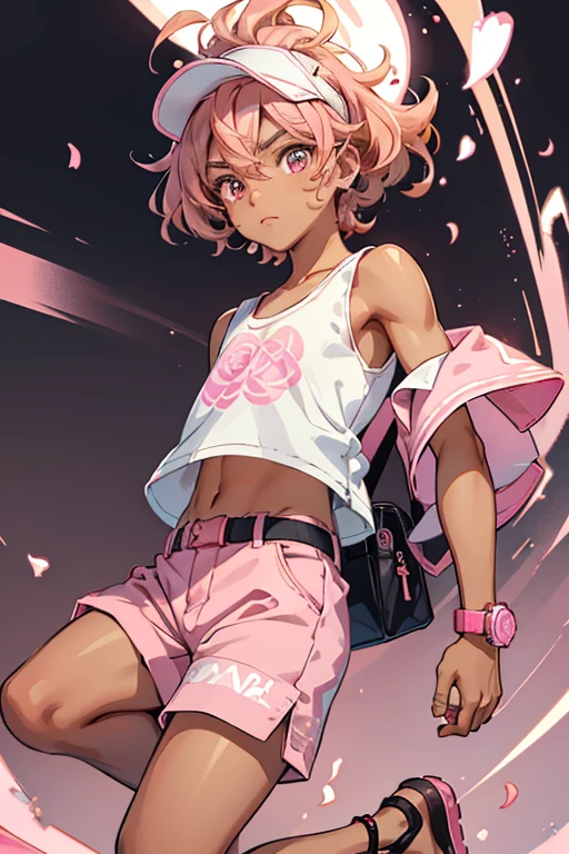 Finn is a teenage boy with tan skin and a strong build, His eyes are brown and has thick brown eyebrows. He has short curly pinkish coral hair and shaved sides. For his main outfit, Finn wears a white-pink tank top with rose-gold, pink and white graphic prints. He wears pinkish coral shorts with rose-gold patterns saying "RAINBOW” in different styles. For his footwear, he wears mostly black sandals with pink and white straps. He accessorizes with a pink fabric visor with black patterns and a pink fanny pack with rose-gold accents and a darker pink monogram pattern.
