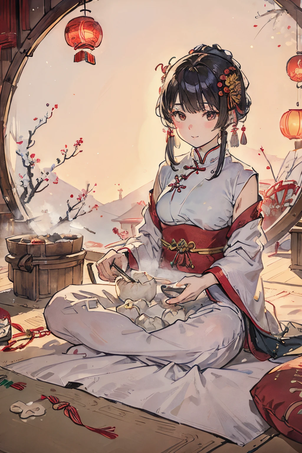 Dumplings close-up，external，Dumplings, External, winter solstice, Tangyuan, festive atmosphere, flowers blooming，ultra - detailed,hyper HD, Studio lighting, Colorful palette, Warm and cozy glow.