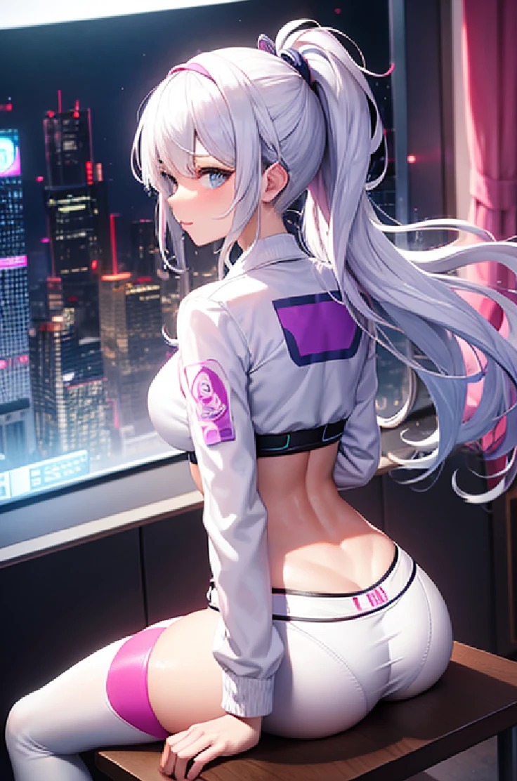 sit on a pink ball、About 40 women wearing pink tops and white pants, View from behind, sweaty 4 k, back-view, in front and behind, big booty, close-up shot from behind, oppai, on the lap, Seen from behind, POV from behind, toned derriere, seen from back、, pov from rear, Chic, Master Parts, Better image quality, extreme vitality, Anime girl with curly ponytail, Small figure, white functional jacket, Has a small, blue-purple gradient ski goggles, Cyberpunk, white hair, Natural casual style, dynamic stun...