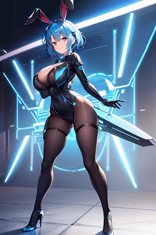 1girl, blue hair, large breasts, bunny ears, rabbit ears, wide hips, bodysuit, black bodysuit, short hair, very short hair, science-fiction, tech, futuristic, machinery, full body, ((full body)), smile, light smile