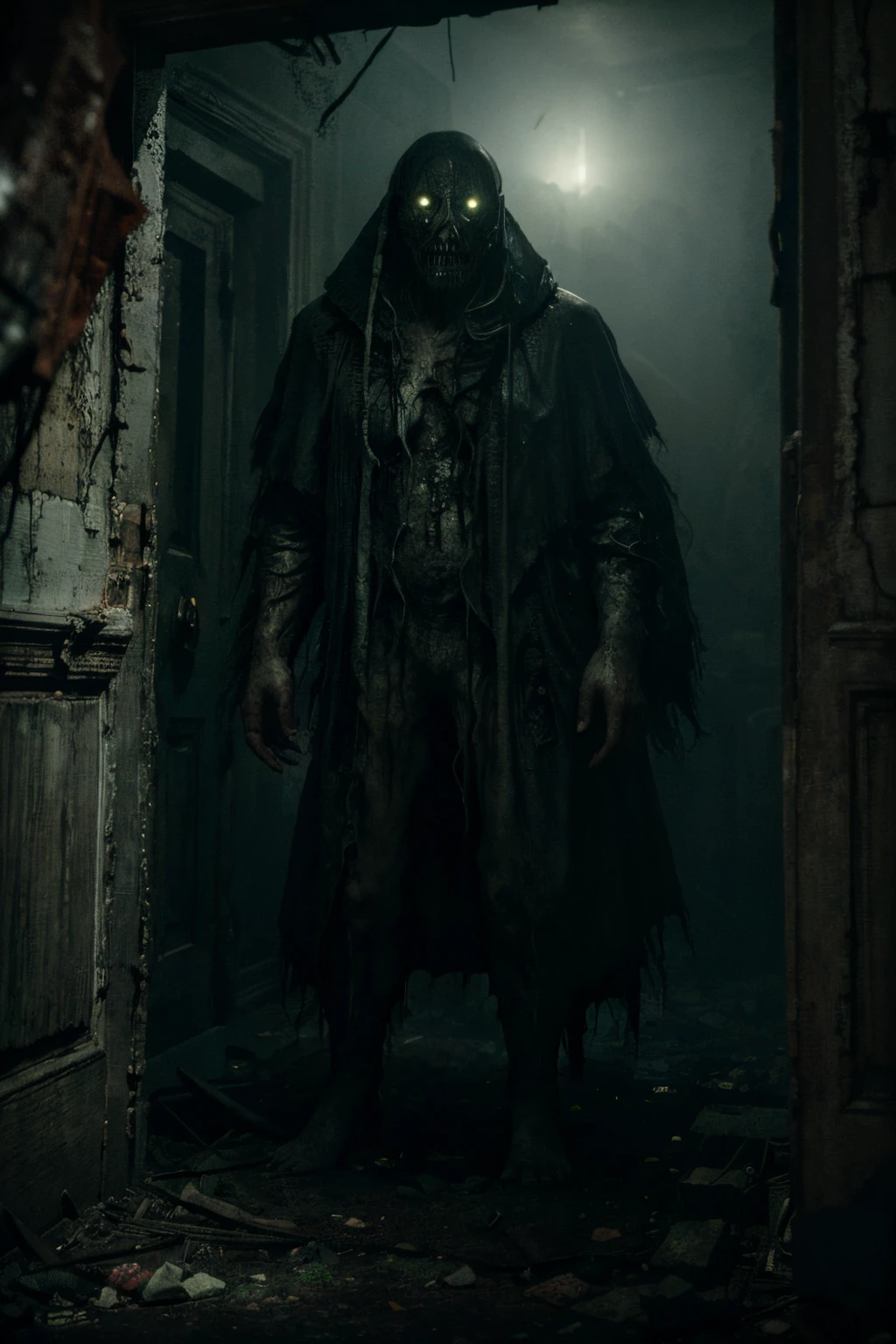 a horror scene that is truly terrifying, with a decrepit haunted house, a full moon casting eerie shadows, ghostly figures with glowing eyes, an atmosphere of dense fog, the unsettling presence of unseen monsters, hyper-realistic, ultra-detailed textures, cinematic lighting with heavy contrast, UHD quality