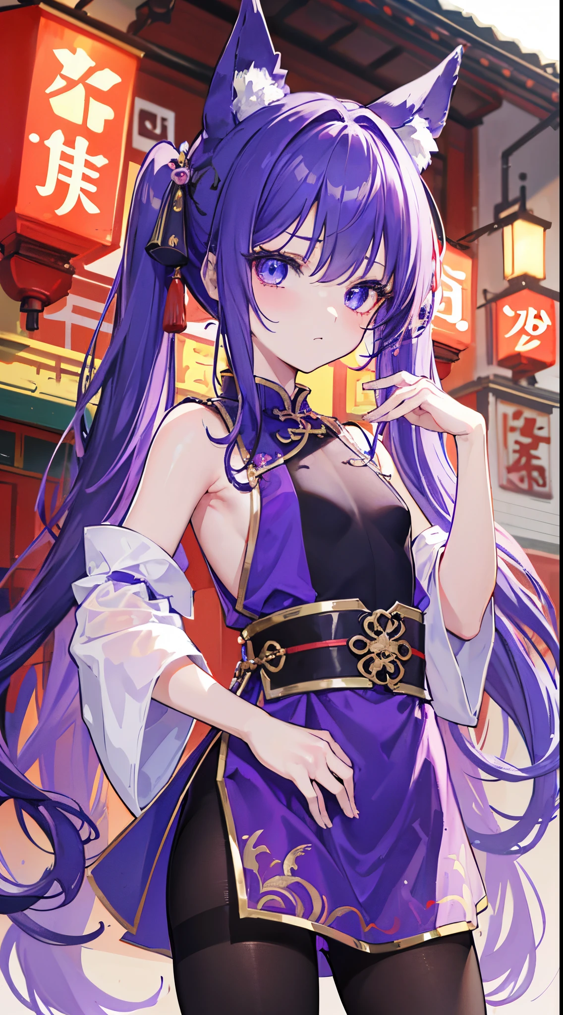 (8K、Top image quality、top-quality、​masterpiece)、A detailed face、1 li、Purple hair twin tails、Fox ears、blue eyess、expressionless、Smaller chest、purple chinese clothes、sleeveless、side slit、((black pantyhose))、cowboy  shot、Taken from below、natta、Chinatown background